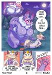 2019 anthro anthrofied big_breasts blush bodily_fluids breasts clothing comic corset dialogue digitigrade english_text felid female generation_1_pokemon generation_4_pokemon hi_res lingerie male mammal meowth night nintendo plant pokemon pokemon_(species) pokemorph purugly size_difference sparkles surprise sweat tentabat text thick_thighs topwear tree