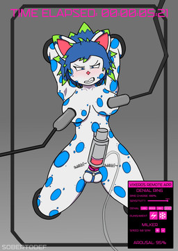 accessory anthro balls blush bodily_fluids breast_milking breasts cock_ring edging genitals gynomorph intersex jewelry lactating limb_slot onomatopoeia orgasm_denial orgasm_denial_ring penile penis penis_accessory penis_jewelry penis_milking penis_milking_machine solo sound_effects text timer timer_display wall_bondage sobertodef felid mammal pantherine snow_leopard absurd_res english_text hi_res