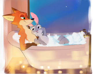 anthro bath bathtub bubble bubble_bath candle duo female looking_at_another looking_down male male/female partially_submerged relaxing romantic smile smiling_at_another smiling_at_partner window foxink disney zootopia judy_hopps nick_wilde canid canine fox lagomorph leporid mammal rabbit red_fox true_fox hi_res traditional_media_(artwork)