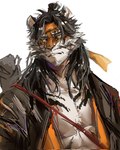 accessory anthro hair headband long_hair looking_ahead male simple_background solo striped_body stripes white_background ashu_monster arknights hypergryph studio_montagne huai_tianpei_(arknights) felid mammal pantherine tiger hi_res