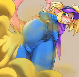 anthro big_butt blonde_hair blush butt clothed clothing eyewear fart fart_cloud fart_fetish female fur gloves goggles green_eyes hair hand_on_butt handwear hat headgear headwear leaning looking_back low-angle_view pigtails pink_nose rear_view scarf simple_background skinsuit solo spread_butt spreading tail tan_background teeth tight_clothing wide_hips kittell activision crash_bandicoot_(series) crash_team_racing_(series) crash_team_racing_nitro-fueled pasadena_o'possum american_opossum mammal marsupial 2020 archived_source signature unavailable_at_source