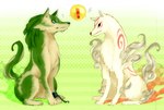 blue_eyes duo exclamation_point eye_contact female feral fur looking_at_another male speech_bubble ningukt capcom clover_studio nintendo okami_(capcom) the_legend_of_zelda twilight_princess amaterasu_(okami) link_(wolf_form) canid canine canis deity mammal wolf 2012 crossover