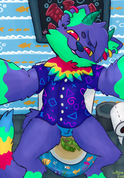 after_vore ambiguous_gender anthro bathroom blep blush bubble clothed clothing eyebrows featureless_crotch feces fur green_body green_fur green_horn horn inside looking_at_viewer piercing purple_body purple_fur red_eyes shirt smile solo tail toilet toilet_paper tongue tongue_out topwear vore scottglass anthozoan aquatic canid canine cnidarian coral demon fish mammal hi_res
