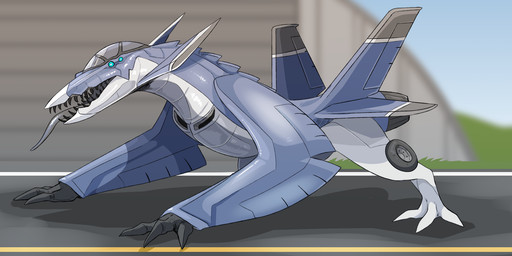 aircraft airplane ambiguous_gender black_teeth blue_body blue_eyes blurred_background jet machine open_mouth outside quadruped sharp_teeth solo teeth tire tongue tongue_out vehicle white_body imperatorcaesar living_machine hi_res