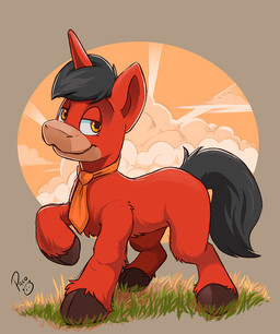black_hair black_tail brown_hooves closed_smile cloud feral fur glistening glistening_eyes grass hair hooves horn logo looking_at_viewer male male_feral mouth_closed narrowed_eyes orange_eyes plant quadruped red_body red_fur red_horn side_view smile solo tail pandapaco hasbro my_little_pony equid equine horse mammal pony artist_logo signature