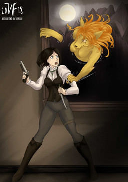 anthro black_hair blonde_hair boots bottomwear breasts clothing dagger duo female footwear gun hair melee_weapon moon nipples painting_(object) pants ranged_weapon shoes short_hair smile snout standing surprised weapon witchfiend mythology canid canine canis human mammal mythological_canine mythological_creature werecanid werecanine werecreature werewolf wolf 2018 hi_res story story_in_description