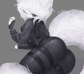anthro big_butt black_clothing butt clothing female fingerless_gloves fluffy fluffy_tail fur gloves grey_background handwear harness looking_back military_clothing one_eye_closed rear_view red_eyes simple_background smile solo tactical_gear tail white_body white_fur wide_hips wink zanfeyur domestic_cat felid feline felis mammal digital_media_(artwork) hi_res sketch