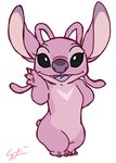 4_fingers antennae_(anatomy) black_eyes blue_mouth blue_tongue chest_markings eyelashes female fingers gesture hand_behind_back looking_at_viewer markings open_mouth open_smile pawpads pink_antennae purple_nose purple_pawpads simple_background small_tail smile solo standing tail tongue waving white_background m_ssk626 disney lilo_and_stitch angel_(lilo_and_stitch) alien experiment_(lilo_and_stitch) 2020 full-length_portrait hi_res portrait signature