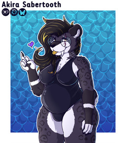 anthro big_breasts black_clothing black_swimwear blep breasts clothed clothing eyewear facial_scar fangs female fluffy fur gesture glasses gold_accents hair hand_gesture heterochromia leopard_spots long_hair looking_at_viewer middle_finger natural_stockings one-piece_swimsuit purple_body purple_fur round_glasses scar simple_background slightly_chubby smile solo spots stripes swimwear tail teeth text tongue tongue_out wearing_glasses white_body white_stripes yellow_eyes akira_sabertooth akira_(akirasabertooth) felid feline mammal sabertooth_feline 2026 artist_name cel_shading colored digital_drawing_(artwork) digital_media_(artwork) hi_res portrait shaded signature watermark