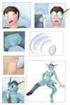 absorption_vore biped black_nose blue_body blue_eyes bodily_fluids bottomwear breasts clothing damaged_clothing dripping_pussy duo egg egg_in_pussy egg_insertion eyewear featureless_breasts female footwear gender_transformation genital_fluids genitals glasses goo_transformation growth hand_on_ground human_to_anthro looking_pleasured membrane_(anatomy) mid_transformation mtf_transformation navel non-mammal_breasts nude open_mouth paws pussy shoes shrinking simple_background sitting sitting_on_ground size_transformation solo_focus species_transformation standing tail tail_growth topwear transformation transformation_sequence unbirthing vaginal vaginal_fluids vore webbed_hands tomek1000 nintendo pokemon tomek1000_(character) eeveelution generation_1_pokemon human mammal pokemon_(species) vaporeon 2017 colored comic hi_res