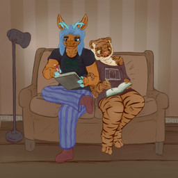 anthro antlers beard clothing crossed_legs cuddling duo facial_hair female furniture hooves horn inside lamp leaning_on_another male male/female markings notebook pajama_pants pajama_shirt pajamas paper pencil_(object) sitting sitting_together smile sofa striped_markings stripes thick_thighs axentooth the_magnus_archives the_normal_album will_wood raymond_(axentooth) deer felid mammal new_world_deer pantherine tiger white-tailed_deer 1:1 absurd_res hi_res