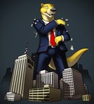 anthro black_nose blue_eyes brush brushing building building_destruction bulge city clothing destruction fur long_tail low-angle_view macro macro_focus male navy_suit necktie radio_tower red_necktie shirt simple_background smile suit tail text topwear white_clothing white_shirt white_topwear yellow_body yellow_fur macroceli_(artist) bomba mammal mustelid otter 2018 digital_media_(artwork) english_text hi_res