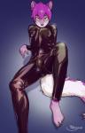 anthro barefoot biped blush bodysuit bulge clothed clothing feet femboy fluffy fluffy_tail fur hair latex looking_at_viewer looking_up male nipples purple_eyes purple_hair reclining short_hair simple_background skinsuit smile solo tail tight_clothing yildunstar altair_(funorbking) canid canine mammal absurd_res hi_res