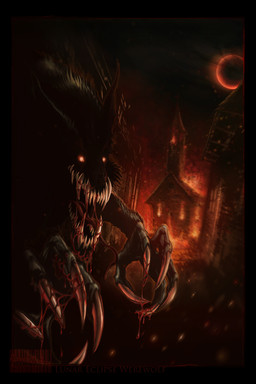 ambiguous_gender anthro black_body black_fur black_nose blood bodily_fluids building burning_building casual_nudity claws dark detailed_background fire full_moon fur glowing glowing_eyes light moon moonlight muscular muscular_ambiguous muscular_anthro night nightmare_fuel nude open_mouth outside red_eyes red_moon scary shadow sharp_teeth sky solo standing teeth town vvlad-vvolfen_(artist) mythology canid canine canis mammal mythological_canine mythological_creature werecanid werecanine werecreature werewolf wolf 2017 dark_theme