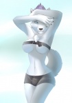 anthro belly belt belt_bra belted_breasts biped black_nose blue_eyes breasts bulge chest_tuft claws clothed clothing fur gynomorph hair intersex looking_at_viewer midriff navel nipples purple_hair skimpy snout solo standing tuft unconventional_clothing under_boob whiskers white_body white_fur fionafortunecookie snowstorm_(magentawolf) canid canine mammal 2013