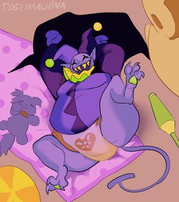 bodily_fluids clothed clothing diaper front_view genital_fluids legs_up lying male on_back pointy_ears pull-ups_(diaper) solo tail unclean_diaper urine used_diaper wearing_diaper wet_diaper dogexmachina deltarune undertale_(series) jevil_(deltarune) humanoid imp digital_media_(artwork)