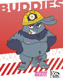 anthro armor balls belly black_body black_fur chibi cigar erection eyebrow_piercing eyebrows facial_piercing foreskin fur genitals grin headgear helmet male miner's_hat mostly_nude navel nipples overweight penis piercing smile smoking solo thick_eyebrows mirageweasel xxl_woofia baade_(xxl_woofia) lagomorph leporid mammal rabbit absurd_res hi_res