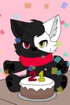 anthro black_body black_fur cake candle confetti dessert food fur heterochromia pawpads plushie red_scarf scarf simple_background solo white_body white_fur anonymous_artist azki_(azki_wolf) canid canine canis mammal wolf low_res