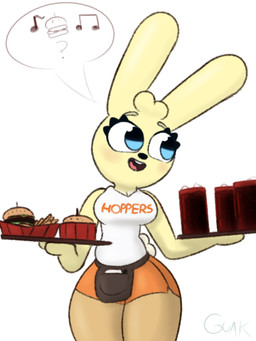 anthro beverage big_breasts blue_eyes blush breasts burger cleavage clothed clothing costume curvy_figure eyelashes female fluffy fluffy_tail food fries fur hooters_uniform long_ears musical_note musical_symbol pouch_(clothing) serving_tray shirt smile solo speech_bubble symbol tail tank_top thick_thighs topwear waiter wide_hips yellow_body yellow_fur guak hooters amy_hope_(guak) lagomorph leporid mammal rabbit 3:4 hi_res