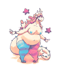 3_toes 4_fingers anthro belly belly_overhang big_belly biped blue_clothing blue_legwear blue_stockings bottomless bottomless_anthro bottomless_female bracelet breasts clothed clothing crown excited feet female female_anthro fingers floating_crown hair headgear jewelry legwear long_hair long_tail mostly_nude mostly_nude_anthro mostly_nude_female navel nipple_tape non-mammal_breasts non-mammal_navel orange_hair overweight overweight_anthro overweight_female pasties pattern_clothing pattern_legwear pattern_stockings pigeon_toed princess purple_star red_clothing red_legwear red_stockings royalty simple_background solo standing star star_accessory star_tipped_tail stockings striped_clothing striped_legwear striped_stockings stripes tail tan_body tan_ears tan_tail tape thick_tail thick_thighs toes topless topless_anthro topless_female white_background wide_hips miluinaoxie mythology dragon mythological_creature mythological_scalie scalie 2022 colored colored_sketch digital_media_(artwork) digital_painting_(artwork) english_description hi_res painting_(artwork) shaded sketch