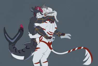 5_fingers anthro bent_legs blush blush_lines butt cloven_hooves countershading curled_horn cybernetic_arm cybernetic_leg cybernetic_limb cybernetics duo eyebrows eyes_closed fin fingers gradient_hair grey_body grin hair happy happy_sex holding_both_legs holding_legs_up holding_partner hooves horn looking_pleasured machine male male/male male_penetrated male_penetrating male_penetrating_male markings metal_teeth motion_lines nails nude penetration pink_hair ponytail sex short_hair simple_background smile spiked_tail spikes spikes_(anatomy) stand_and_carry_position standing standing_sex striped_body stripes tail tail_fin teeth teeth_showing white_body white_hair saltminer admiral_rigel_(hallowgen) genesys_(hallowgen) android aquatic cyborg drude fish reptile robot scalie shark 2023 digital_media_(artwork)