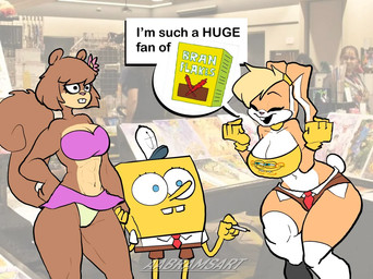 anthro autograph big_breasts breasts brown_body brown_fur character_signature convention cosplay dialogue eyeliner female fur group makeup male muscular muscular_anthro muscular_female narrow_shoulders photo_background small_waist speech_bubble standing text thick_thighs trio wide_hips aabramsart looney_tunes nickelodeon spongebob_squarepants warner_brothers lola_bunny sandy_cheeks spongebob_squarepants_(character) aquatic human lagomorph leporid mammal rabbit rodent sciurid sea_sponge tree_squirrel english_text photography_(artwork)