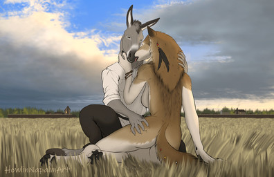accessory anthro beads bracelet breasts butt clothing duo feather_in_hair female hair hair_accessory jewelry licking loose_feather male nude paws savanna shirt side_boob tongue topwear tribal howlinnapalm asinus canid canine canis donkey equid equine mammal wolf hi_res