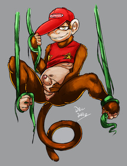 accessory anthro anus backwards_baseball_cap backwards_hat baseball_cap bottomless clothed clothing erection feet foreskin front_view genitals grin hat headgear headwear holding_penis looking_at_viewer male masturbation mostly_nude naughty_face navel necktie nipples one_eye_closed partially_retracted_foreskin pecs penile penile_masturbation penis perineum plant prehensile_feet retracted_foreskin shirt smile solo spread_legs spreading suspension tank_top text text_on_clothing text_on_hat text_on_headwear toes topwear vein veiny_penis vines delicatessen donkey_kong_(series) nintendo diddy_kong haplorhine mammal monkey primate digital_media_(artwork) hi_res signature