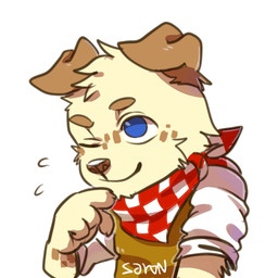 anthro black_nose blue_eyes brown_body brown_clothing brown_fur brown_topwear cheek_tuft chibi closed_smile clothed clothing facial_tuft floppy_ears front_view fur head_tuft kerchief male mouth_closed neckerchief neckwear no_pupils red_kerchief red_neckerchief simple_background smile solo tan_body tan_fur topwear tuft white_background white_clothing white_kerchief white_neckerchief white_topwear asnnonaka lukas_(asnnonaka) canid canine canis domestic_dog mammal 1:1 half-length_portrait low_res portrait signature