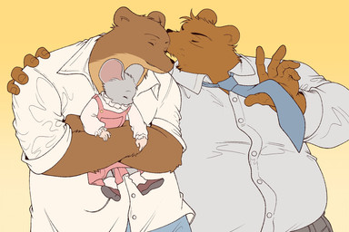 anthro bottomwear brown_body brown_fur clothing fur hug kemono kissing male male/male necktie overweight overweight_male pants shirt simple_background topwear ham_won_art ernest_and_celestine bolero_(ernest_and_celestine) ernest_(ernest_and_celestine) bear mammal mouse murid murine rodent 2025 hi_res