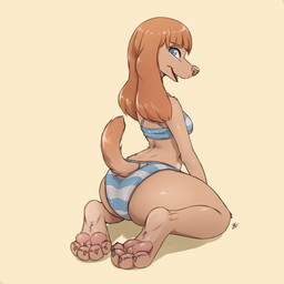4_toes anthro barefoot bikini blue_eyes bottomwear breasts butt claws clothed clothing eyelashes feet female fur furgonomics hair kneeling looking_back open_mouth open_smile pattern_bikini pattern_clothing pattern_swimwear pawpads paws pink_pawpads raised_tail rear_view simple_background smile solo striped_bikini striped_clothing striped_swimwear stripes swimwear tail tan_body tan_fur tan_hair teeth toe_claws toes tongue two-piece_swimsuit louart canid canine canis domestic_dog mammal 1:1 2023 absurd_res dated digital_media_(artwork) hi_res signature