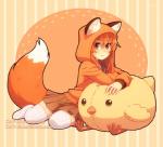 abstract_background animal_humanoid bottomwear brown_eyes canid canid_humanoid canine canine_humanoid clothed clothing dav-19 female fluffy fluffy_tail footwear fox_humanoid fox_tail fully_clothed furgonomics hair hood hoodie humanoid leaning legwear looking_at_viewer mammal mammal_humanoid orange_theme patricia_(dav-19) plushie red_hair sitting skirt socks solo tail thigh_highs thigh_socks topwear