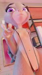 4_fingers anthro areola bikini black_clothing black_swimwear book bookshelf breasts claws clitoris clothed clothing eyelashes female fingers fur furniture genitals gesture grey_body grey_fur hand_gesture inside looking_at_viewer looking_down mirror multicolored_body navel nipples one-piece_swimsuit pink_areola pink_nipples pink_nose pink_pussy purple_eyes pussy pussy_peek reflection skimpy skimpy_swimwear sling_bikini small_breasts smile solo standing swimwear tight_clothing two-piece_swimsuit two_tone_body v_sign pochemu disney zootopia judy_hopps lagomorph leporid mammal rabbit 3d_(artwork) 4k 9:16 absurd_res digital_media_(artwork) hi_res