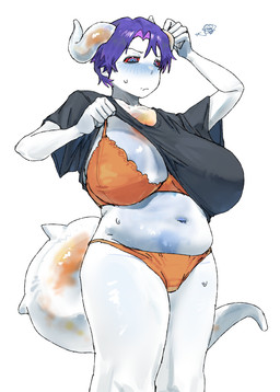 big_breasts black_clothing black_shirt black_topwear blue_hair bra breasts clothing female hair horn looking_down navel orange_bra orange_clothing orange_underwear red_sclera shirt short_hair simple_background slightly_chubby solo tail topwear translucent translucent_body underwear uterus white_background maikamiaka humanoid 2026 absurd_res digital_media_(artwork) hi_res