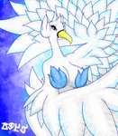 2020 anthro avian beak big_breasts biped bird blue_body blue_feathers blue_theme breasts digital_drawing_(artwork) digital_media_(artwork) feathered_wings feathers female generation_5_pokemon grey_eyes hi_res jose-497 looking_at_viewer nintendo non-mammal_breasts nude pokemon pokemon_(species) pokemorph short_tail signature simple_background smile solo standing swanna tail tail_feathers thick_thighs white_body white_feathers wide_hips wings yellow_beak