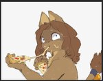 anthro bell bell_collar cheese collar dairy_products ears_up eating eating_food food food_on_face holding_food holding_object looking_at_viewer male nude pizza pupils raised_tail simple_background small_pupils solo tail tail_tuft tuft white_background wide_eyed circa canid canine mammal hi_res