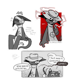 angry anthro biped black_body black_fur clothed clothing cowboy cowboy_hat dialogue duo eye_patch eyewear fur hat headgear headwear male multicolored_body multicolored_fur question_mark simple_background solo_focus speech_bubble status_effect teasing text toony two_tone_body two_tone_fur white_background white_body white_fur carbontrioxide mewgenics gambit_(mewgenics) zodiac_(mewgenics) domestic_cat felid feline felis mammal 2026 digital_media_(artwork) english_text hi_res multiple_images