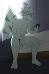 5_toes anthro bed bedroom cellphone claws convenient_censorship detailed_background electronics feet finger_claws fingers furniture green_eyes grey_body grey_hair grey_scales hair head_crest male morning navel nude nude_anthro nude_male on_bed phone scales short_hair short_tail sitting smartphone snout solo tail toe_claws toes waking_up wings taiarts cavemanon_studios snoot_game green_(snoot_game) prehistoric_species pterodactylus pterosaur reptile scalie 2025 digital_drawing_(artwork) digital_media_(artwork) hi_res