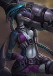 anthro black_body blue_hair breasts cosplay countershading female hair medium_breasts navel non-mammal_breasts non-mammal_navel pink_eyes simple_background solo tail thick_thighs white_body white_countershading conditional_dnp inert-ren league_of_legends riot_games tencent jinx fish hybrid marine scalie shark digital_media_(artwork) hi_res