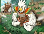 anthro armor braided_pseudo_hair feathers forest giga high-angle_view kneeling landscape_dwarfing looking_down low-angle_view macro male plant rito_village smile solo tree valley white_body white_feathers wfa breath_of_the_wild nintendo the_legend_of_zelda teba_(tloz) avian bird rito absurd_res hi_res