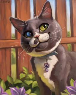 ambiguous_gender blue_collar blue_eyes collar fence feral fur grass green_eyes green_sclera grey_body grey_fur grey_markings heterochromia looking_aside markings pink_nose plant solo whiskers white_body white_chest white_fur white_markings wood wood_fence alexpahomov domestic_cat felid feline felis mammal 2022 digital_media_(artwork) digital_painting_(artwork) painting_(artwork)