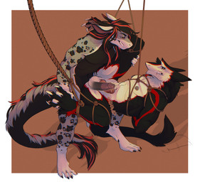 abdominal_bulge ambiguous_fluids another anthro balls bdsm bodily bodily_fluids bondage bound bulge duo genital_fluids genitals harness knot leaking male male/male markings muscular nipples paws penis piercing precum restraints rope spots spotted_body thomas_(tuomas) edwino22 mythology tommy_(lanceazura) canid canine dragon felid hybrid mammal mythological_creature mythological_scalie pantherine scalie sergal snow_leopard hi_res