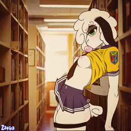 anthro areola big_butt black_ears bottomwear breasts bubble_gum butt butt_scar candy clothed clothing clothing_lift dessert female food fur genitals green_eyes gum hair library medium_breasts necktie nipples pink_areola pink_nipples pussy_peek raised_bottomwear raised_clothing raised_skirt raised_topwear scar school_uniform scut_tail shirt shirt_lift short_tail skirt skirt_lift solo tail thick_thighs topwear uniform vulva white_body white_fur white_hair white_tail white_wool wool_(fur) zatira bovid caprine domestic_sheep mammal sheep 1:1 2024 english_description hi_res signature