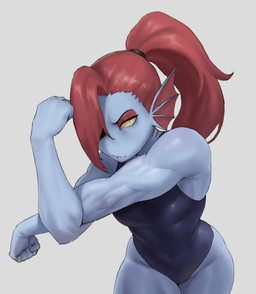 blue_body blue_clothing blue_skin blue_swimwear breasts clothing eyebrows eyelashes female frill_(anatomy) hair muscular muscular_female one-piece_swimsuit ponytail red_hair solo swimwear meruzis undertale_(series) undyne animal_humanoid aquatic aquatic_humanoid fish fish_humanoid humanoid 2025 absurd_res hi_res