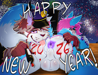 anal anthro anus backsack balls big_butt blue_body blush bodily_fluids body_writing butt claws clothed clothing drooling duo fangs fingers fireworks fur genital_fluids genitals hair holidays looking_at_viewer male male/male marker nude open_mouth oral pink_hair presenting rimming rimming_male saliva security security_guard security_uniform sex smile spread_anus spread_butt spreading stripes tail teeth text tongue tongue_out white_body writing_on_butt year darkolynx alarius_nick darkolynx_(character) bat canid canine canis felid feline lynx mammal 2026 absurd_res digital_media_(artwork) hi_res trans_(lore) trans_man_(lore)