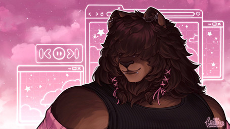 accessory anthro arm_warmers armwear bangs black_clothing black_shirt black_topwear braided_hair braided_mane brown_body brown_fur clothing cloud cuddly ear_piercing facial_piercing fluffy fur hair hair_accessory hair_over_eyes hair_ribbon lip_piercing male mane muscular muscular_anthro muscular_male piercing pink_background ribbons round_ears rounded_snout shirt silver_piercing simple_background sleeveless_shirt smile solo star tank_top topwear website y2k_(graphic_design) anilite final_fantasy final_fantasy_xiv square_enix felid hrothgar mammal 16:9 bust_portrait hi_res portrait watermark widescreen