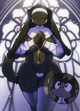 anthro biped black_body breasts clothed clothing cross duo female legwear maebari navel nun pupils thigh_highs wide_hips mcfli domestic_cat felid feline felis mammal hi_res