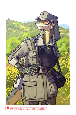 anthro camera claws clock clothed clothing day female hand_on_hip military military_uniform orange_eyes outside patreon_logo plant pouch_(clothing) soldier solo text uniform warrior watch darbaras patreon lizard reptile scalie 2022 colored hi_res url
