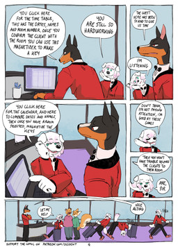 black_body bottomwear bow_tie clothed clothing coat computer crossed_arms dialogue electronics footwear group hair hotel luggage male page_number pants reception_desk red_clothing red_coat red_topwear shoes speech_bubble standing teaching text topwear uniform white_body white_hair martindosent patreon bear canid canine canis dobermann domestic_dog mammal pinscher rodent sciurid tree_squirrel comic english_text hi_res url