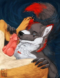 anthro athletic athletic_anthro athletic_male balls blue_eyes countershade_balls countershade_crotch countershade_face countershade_genitalia countershade_neck countershade_torso countershading duo erection fur genitals grey_body grey_fur humanoid_genitalia humanoid_penis hybrid_genitalia hybrid_penis knot knotted_humanoid_penis knotted_penis licking male male/male male_anthro nude nude_anthro nude_male oral penile penis penis_lick red_body red_fur sex spread_legs spreading tan_body tan_fur teeth tongue tongue_out whisker_spots white_body white_fur i-psilone omega_wolfblood sunstab canid canine canis coyote mammal wolf 2015